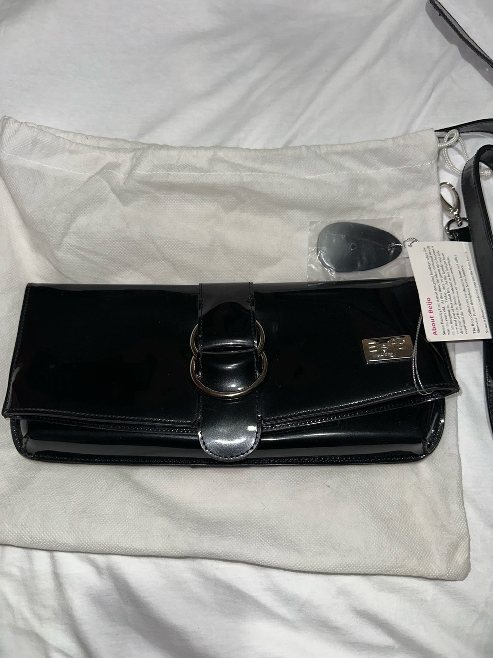 Beijo Black Patent Clutch with Double Ring Detail